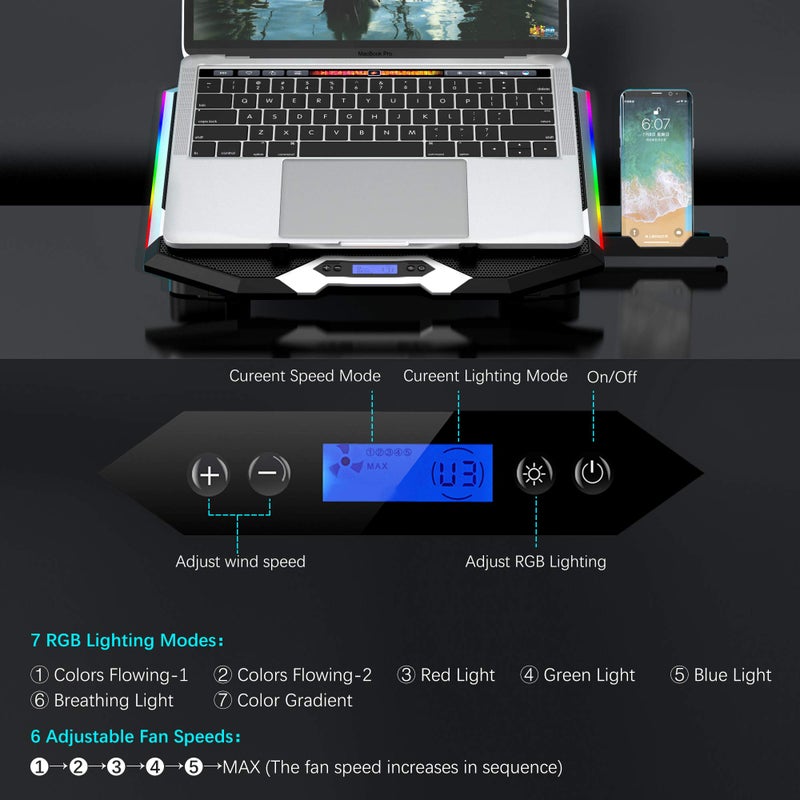 TopMate C11 Laptop Cooling Pad RGB Gaming Notebook Cooler, Laptop Fan Stand Adjustable Height with 6 Quiet Fans and Phone Holder, Computer Chill Mat, for 15.6-17.3 Inch Laptops - Blue LED Light - Image 5